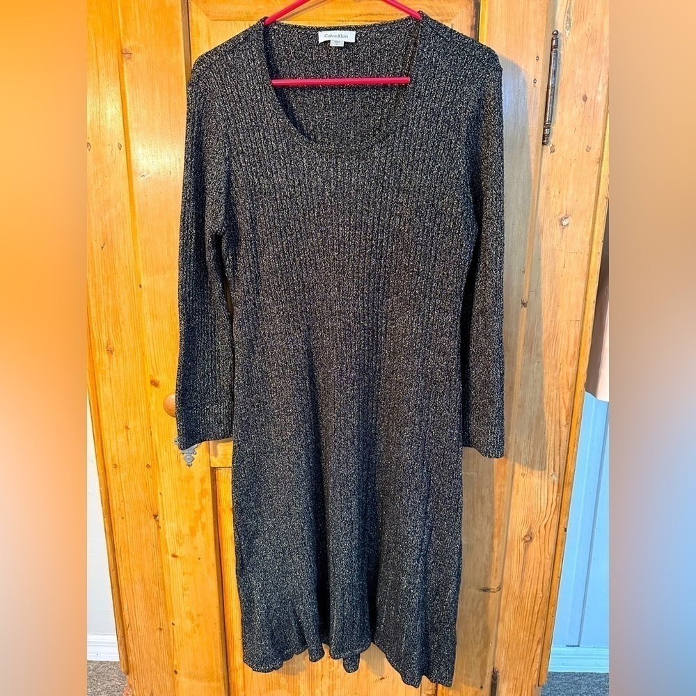 Calvin Klein Dress Fitted Bodice Black Gold Metallic Size XL Mob Wife